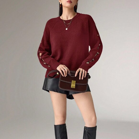 Casual Women's Burgundy Round Neck Gold Metal Bow Decor knit Sweater top - Picture 4 of 7